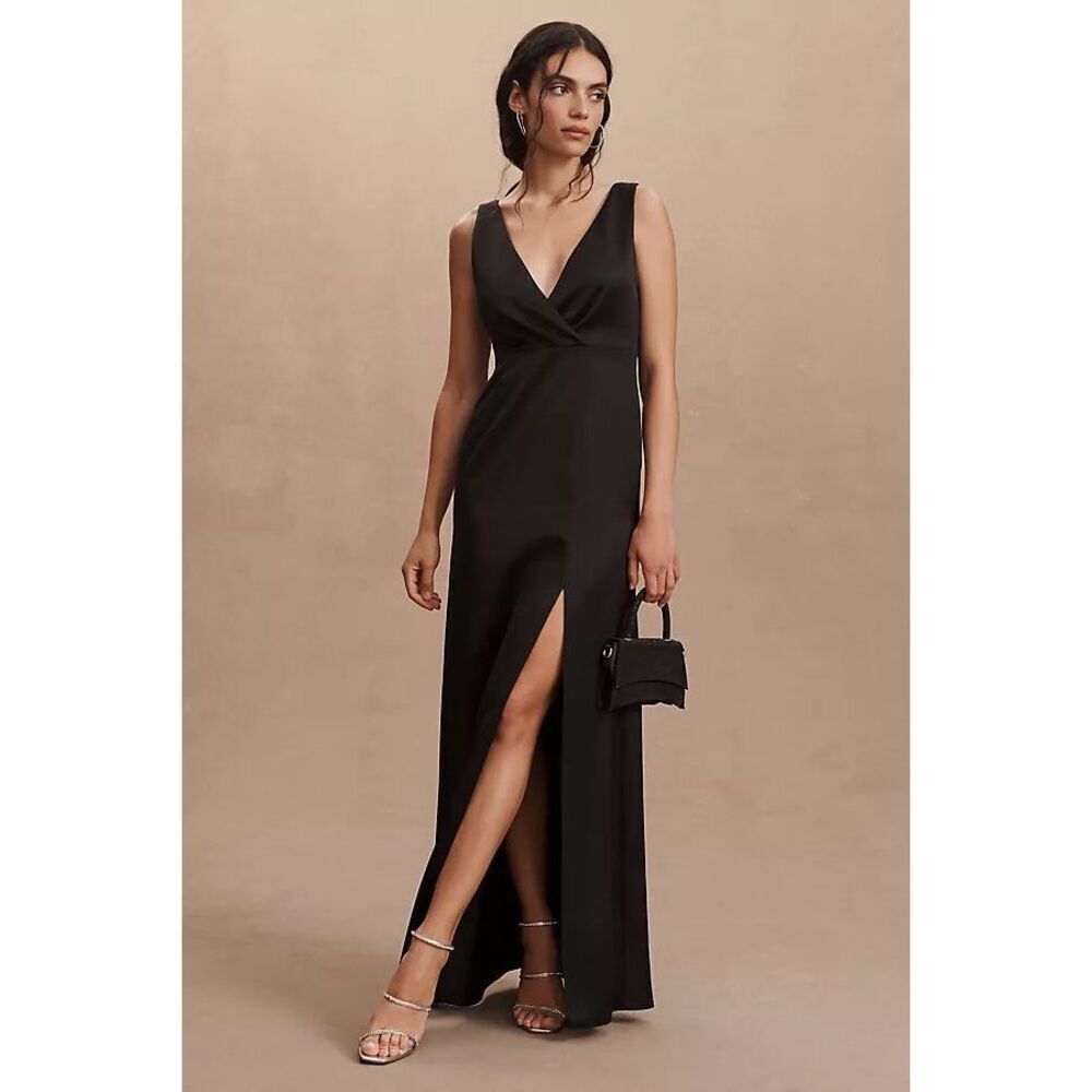 NEW BHLDN Piper V-Neck Side-Slit Satin Gown in Black Size 4